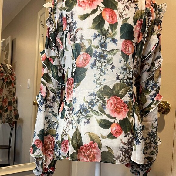 NWT Nicholas Floral Print 100% Silk Belle Ruffle Long Sleeve Blouse, Size 8 - Picture 13 of 16